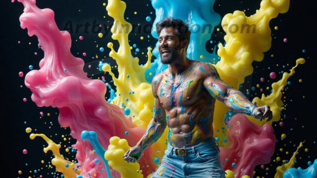 Paint Splat Fun - Hot men having fun with body paint. AI-generated abstract art featuring beautiful, handsome, sexy, shirtless, men, boys, lads, full of excitement joy and fun, covered in body paint, dynamic, interactive, Combining elements of realism with surreal abstract qualities, showcasing the potential of AI in artistic expression. Photos of guys, just smiling, happy, and having a good time. Most of them are smiling because a paint bomb just blow up next to them, so I'm calling is Abstract Art. When paint attacks and makes people happy, it's Art!