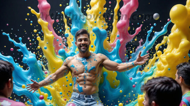 Paint Splat Fun - Hot men having fun with body paint. AI-generated abstract art featuring beautiful, handsome, sexy, shirtless, men, boys, lads, full of excitement joy and fun, covered in body paint, dynamic, interactive, Combining elements of realism with surreal abstract qualities, showcasing the potential of AI in artistic expression. Photos of guys, just smiling, happy, and having a good time. Most of them are smiling because a paint bomb just blow up next to them, so I'm calling is Abstract Art. When paint attacks and makes people happy, it's Art!
