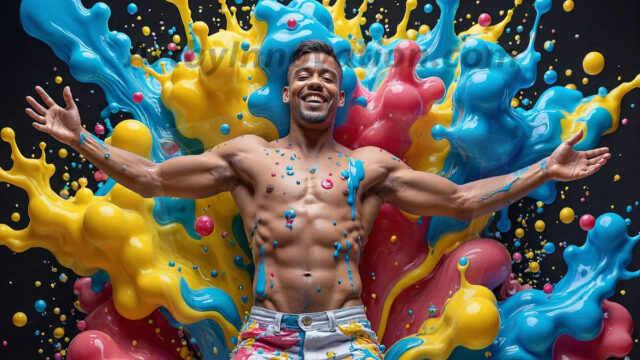 Paint Splat Fun - Hot men having fun with body paint. AI-generated abstract art featuring beautiful, handsome, sexy, shirtless, men, boys, lads, full of excitement joy and fun, covered in body paint, dynamic, interactive, Combining elements of realism with surreal abstract qualities, showcasing the potential of AI in artistic expression. Photos of guys, just smiling, happy, and having a good time. Most of them are smiling because a paint bomb just blow up next to them, so I'm calling is Abstract Art. When paint attacks and makes people happy, it's Art!