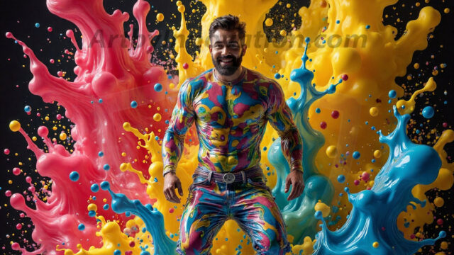 Paint Splat Fun - Hot men having fun with body paint. AI-generated abstract art featuring beautiful, handsome, sexy, shirtless, men, boys, lads, full of excitement joy and fun, covered in body paint, dynamic, interactive, Combining elements of realism with surreal abstract qualities, showcasing the potential of AI in artistic expression. Photos of guys, just smiling, happy, and having a good time. Most of them are smiling because a paint bomb just blow up next to them, so I'm calling is Abstract Art. When paint attacks and makes people happy, it's Art!