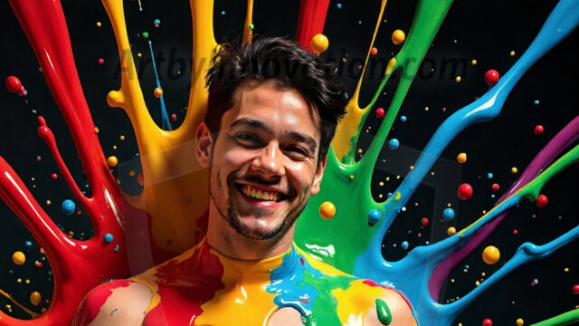 Paint Splat Fun - Hot men having fun with body paint. AI-generated abstract art featuring beautiful, handsome, sexy, shirtless, men, boys, lads, full of excitement joy and fun, covered in body paint, dynamic, interactive, Combining elements of realism with surreal abstract qualities, showcasing the potential of AI in artistic expression. Photos of guys, just smiling, happy, and having a good time. Most of them are smiling because a paint bomb just blow up next to them, so I'm calling is Abstract Art. When paint attacks and makes people happy, it's Art!
