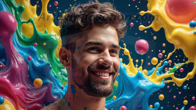Paint Splat Fun - Hot men having fun with body paint. AI-generated abstract art featuring beautiful, handsome, sexy, shirtless, men, boys, lads, full of excitement joy and fun, covered in body paint, dynamic, interactive, Combining elements of realism with surreal abstract qualities, showcasing the potential of AI in artistic expression. Photos of guys, just smiling, happy, and having a good time. Most of them are smiling because a paint bomb just blow up next to them, so I'm calling is Abstract Art. When paint attacks and makes people happy, it's Art!