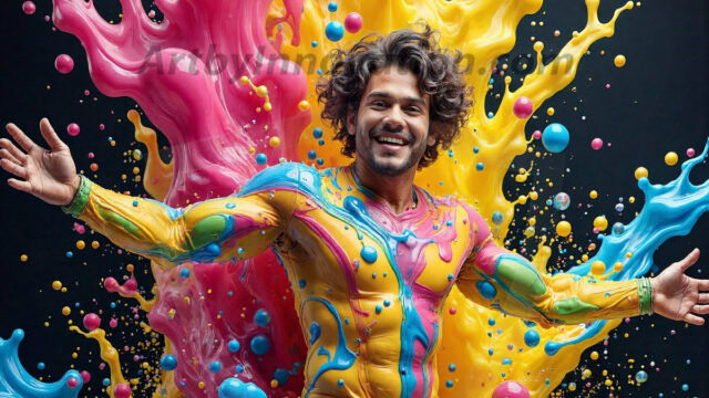Paint Splat Fun - Hot men having fun with body paint. AI-generated abstract art featuring beautiful, handsome, sexy, shirtless, men, boys, lads, full of excitement joy and fun, covered in body paint, dynamic, interactive, Combining elements of realism with surreal abstract qualities, showcasing the potential of AI in artistic expression. Photos of guys, just smiling, happy, and having a good time. Most of them are smiling because a paint bomb just blow up next to them, so I'm calling is Abstract Art. When paint attacks and makes people happy, it's Art!