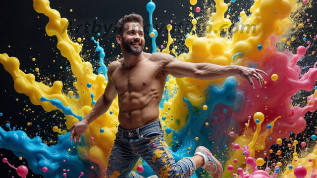 Paint Splat Fun - Hot men having fun with body paint. AI-generated abstract art featuring beautiful, handsome, sexy, shirtless, men, boys, lads, full of excitement joy and fun, covered in body paint, dynamic, interactive, Combining elements of realism with surreal abstract qualities, showcasing the potential of AI in artistic expression. Photos of guys, just smiling, happy, and having a good time. Most of them are smiling because a paint bomb just blow up next to them, so I'm calling is Abstract Art. When paint attacks and makes people happy, it's Art!