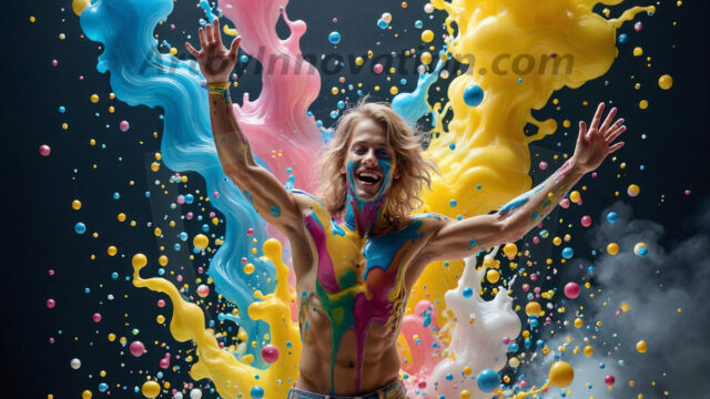 Paint Splat Fun - Hot men having fun with body paint. AI-generated abstract art featuring beautiful, handsome, sexy, shirtless, men, boys, lads, full of excitement joy and fun, covered in body paint, dynamic, interactive, Combining elements of realism with surreal abstract qualities, showcasing the potential of AI in artistic expression. Photos of guys, just smiling, happy, and having a good time. Most of them are smiling because a paint bomb just blow up next to them, so I'm calling is Abstract Art. When paint attacks and makes people happy, it's Art!