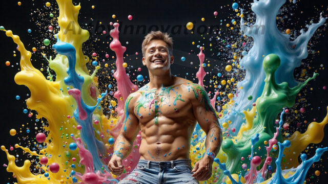 Paint Splat Fun - Hot men having fun with body paint. AI-generated abstract art featuring beautiful, handsome, sexy, shirtless, men, boys, lads, full of excitement joy and fun, covered in body paint, dynamic, interactive, Combining elements of realism with surreal abstract qualities, showcasing the potential of AI in artistic expression. Photos of guys, just smiling, happy, and having a good time. Most of them are smiling because a paint bomb just blow up next to them, so I'm calling is Abstract Art. When paint attacks and makes people happy, it's Art!