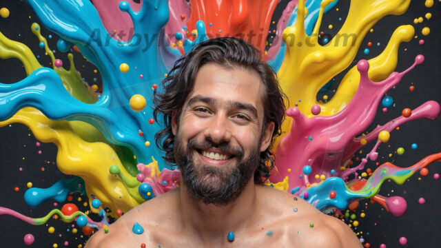 Paint Splat Fun - Hot men having fun with body paint. AI-generated abstract art featuring beautiful, handsome, sexy, shirtless, men, boys, lads, full of excitement joy and fun, covered in body paint, dynamic, interactive, Combining elements of realism with surreal abstract qualities, showcasing the potential of AI in artistic expression. Photos of guys, just smiling, happy, and having a good time. Most of them are smiling because a paint bomb just blow up next to them, so I'm calling is Abstract Art. When paint attacks and makes people happy, it's Art!