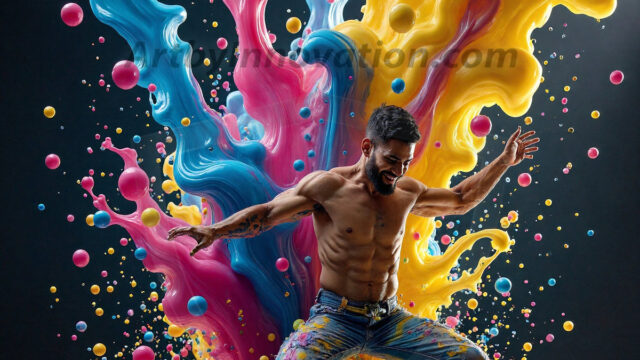 Paint Splat Fun - Hot men having fun with body paint. AI-generated abstract art featuring beautiful, handsome, sexy, shirtless, men, boys, lads, full of excitement joy and fun, covered in body paint, dynamic, interactive, Combining elements of realism with surreal abstract qualities, showcasing the potential of AI in artistic expression. Photos of guys, just smiling, happy, and having a good time. Most of them are smiling because a paint bomb just blow up next to them, so I'm calling is Abstract Art. When paint attacks and makes people happy, it's Art!