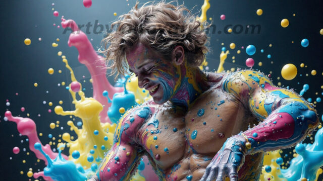 Paint Splat Fun - Hot men having fun with body paint. AI-generated abstract art featuring beautiful, handsome, sexy, shirtless, men, boys, lads, full of excitement joy and fun, covered in body paint, dynamic, interactive, Combining elements of realism with surreal abstract qualities, showcasing the potential of AI in artistic expression. Photos of guys, just smiling, happy, and having a good time. Most of them are smiling because a paint bomb just blow up next to them, so I'm calling is Abstract Art. When paint attacks and makes people happy, it's Art!
