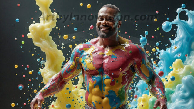 Paint Splat Fun - Hot men having fun with body paint. AI-generated abstract art featuring beautiful, handsome, sexy, shirtless, men, boys, lads, full of excitement joy and fun, covered in body paint, dynamic, interactive, Combining elements of realism with surreal abstract qualities, showcasing the potential of AI in artistic expression. Photos of guys, just smiling, happy, and having a good time. Most of them are smiling because a paint bomb just blow up next to them, so I'm calling is Abstract Art. When paint attacks and makes people happy, it's Art!