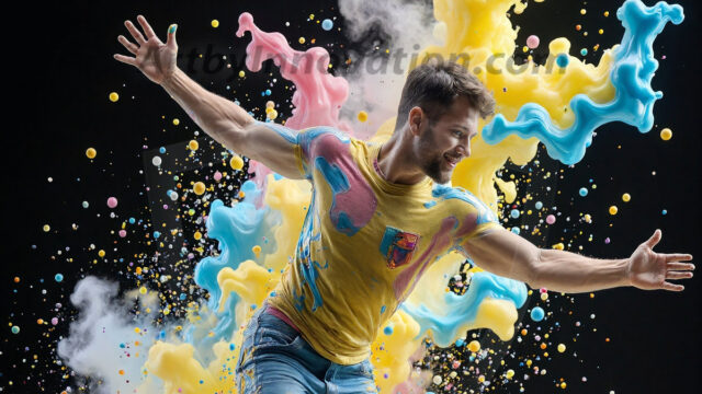 Paint Splat Fun - Hot men having fun with body paint. AI-generated abstract art featuring beautiful, handsome, sexy, shirtless, men, boys, lads, full of excitement joy and fun, covered in body paint, dynamic, interactive, Combining elements of realism with surreal abstract qualities, showcasing the potential of AI in artistic expression. Photos of guys, just smiling, happy, and having a good time. Most of them are smiling because a paint bomb just blow up next to them, so I'm calling is Abstract Art. When paint attacks and makes people happy, it's Art!