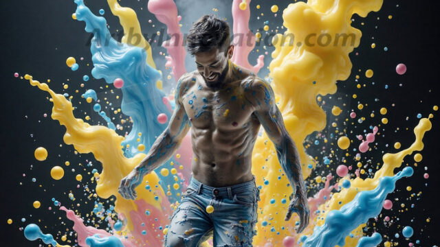 Paint Splat Fun - Hot men having fun with body paint. AI-generated abstract art featuring beautiful, handsome, sexy, shirtless, men, boys, lads, full of excitement joy and fun, covered in body paint, dynamic, interactive, Combining elements of realism with surreal abstract qualities, showcasing the potential of AI in artistic expression. Photos of guys, just smiling, happy, and having a good time. Most of them are smiling because a paint bomb just blow up next to them, so I'm calling is Abstract Art. When paint attacks and makes people happy, it's Art!