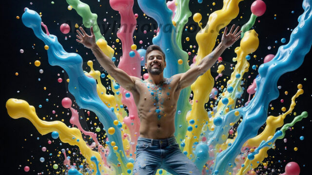 Paint Splat Fun - Hot men having fun with body paint. AI-generated abstract art featuring beautiful, handsome, sexy, shirtless, men, boys, lads, full of excitement joy and fun, covered in body paint, dynamic, interactive, Combining elements of realism with surreal abstract qualities, showcasing the potential of AI in artistic expression. Photos of guys, just smiling, happy, and having a good time. Most of them are smiling because a paint bomb just blow up next to them, so I'm calling is Abstract Art. When paint attacks and makes people happy, it's Art!