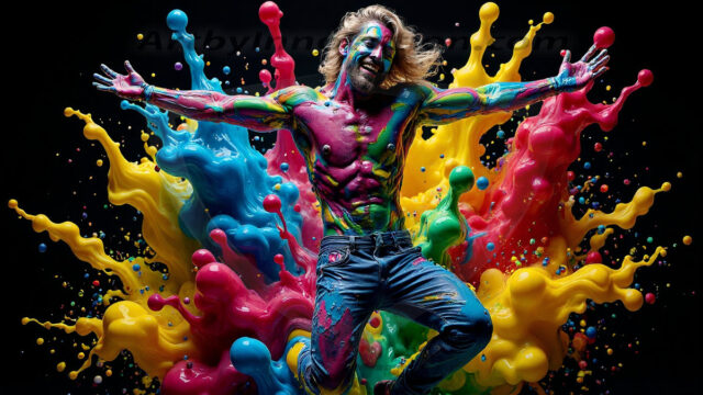 Paint Splat Fun - Hot men having fun with body paint. AI-generated abstract art featuring beautiful, handsome, sexy, shirtless, men, boys, lads, full of excitement joy and fun, covered in body paint, dynamic, interactive, Combining elements of realism with surreal abstract qualities, showcasing the potential of AI in artistic expression. Photos of guys, just smiling, happy, and having a good time. Most of them are smiling because a paint bomb just blow up next to them, so I'm calling is Abstract Art. When paint attacks and makes people happy, it's Art!