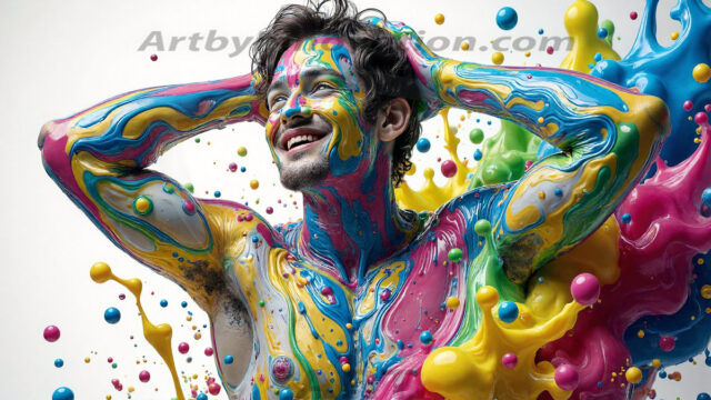 Paint Splat Fun - Hot men having fun with body paint. AI-generated abstract art featuring beautiful, handsome, sexy, shirtless, men, boys, lads, full of excitement joy and fun, covered in body paint, dynamic, interactive, Combining elements of realism with surreal abstract qualities, showcasing the potential of AI in artistic expression. Photos of guys, just smiling, happy, and having a good time. Most of them are smiling because a paint bomb just blow up next to them, so I'm calling is Abstract Art. When paint attacks and makes people happy, it's Art!