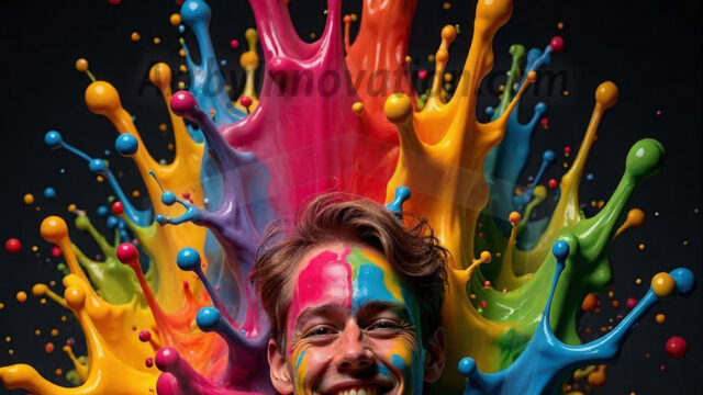 Paint Splat Fun - Hot men having fun with body paint. AI-generated abstract art featuring beautiful, handsome, sexy, shirtless, men, boys, lads, full of excitement joy and fun, covered in body paint, dynamic, interactive, Combining elements of realism with surreal abstract qualities, showcasing the potential of AI in artistic expression. Photos of guys, just smiling, happy, and having a good time. Most of them are smiling because a paint bomb just blow up next to them, so I'm calling is Abstract Art. When paint attacks and makes people happy, it's Art!
