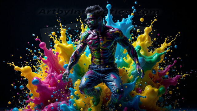 Paint Splat Fun - Hot men having fun with body paint. AI-generated abstract art featuring beautiful, handsome, sexy, shirtless, men, boys, lads, full of excitement joy and fun, covered in body paint, dynamic, interactive, Combining elements of realism with surreal abstract qualities, showcasing the potential of AI in artistic expression. Photos of guys, just smiling, happy, and having a good time. Most of them are smiling because a paint bomb just blow up next to them, so I'm calling is Abstract Art. When paint attacks and makes people happy, it's Art!