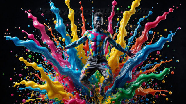 Paint Splat Fun - Hot men having fun with body paint. AI-generated abstract art featuring beautiful, handsome, sexy, shirtless, men, boys, lads, full of excitement joy and fun, covered in body paint, dynamic, interactive, Combining elements of realism with surreal abstract qualities, showcasing the potential of AI in artistic expression. Photos of guys, just smiling, happy, and having a good time. Most of them are smiling because a paint bomb just blow up next to them, so I'm calling is Abstract Art. When paint attacks and makes people happy, it's Art!