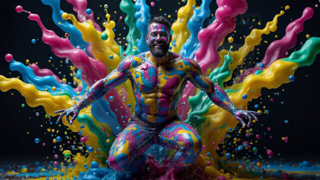 Paint Splat Fun - Hot men having fun with body paint. AI-generated abstract art featuring beautiful, handsome, sexy, shirtless, men, boys, lads, full of excitement joy and fun, covered in body paint, dynamic, interactive, Combining elements of realism with surreal abstract qualities, showcasing the potential of AI in artistic expression. Photos of guys, just smiling, happy, and having a good time. Most of them are smiling because a paint bomb just blow up next to them, so I'm calling is Abstract Art. When paint attacks and makes people happy, it's Art!