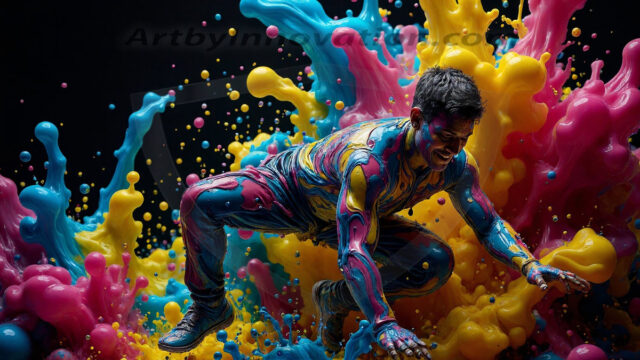 Paint Splat Fun - Hot men having fun with body paint. AI-generated abstract art featuring beautiful, handsome, sexy, shirtless, men, boys, lads, full of excitement joy and fun, covered in body paint, dynamic, interactive, Combining elements of realism with surreal abstract qualities, showcasing the potential of AI in artistic expression. Photos of guys, just smiling, happy, and having a good time. Most of them are smiling because a paint bomb just blow up next to them, so I'm calling is Abstract Art. When paint attacks and makes people happy, it's Art!