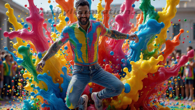 Paint Splat Fun - Hot men having fun with body paint. AI-generated abstract art featuring beautiful, handsome, sexy, shirtless, men, boys, lads, full of excitement joy and fun, covered in body paint, dynamic, interactive, Combining elements of realism with surreal abstract qualities, showcasing the potential of AI in artistic expression. Photos of guys, just smiling, happy, and having a good time. Most of them are smiling because a paint bomb just blow up next to them, so I'm calling is Abstract Art. When paint attacks and makes people happy, it's Art!
