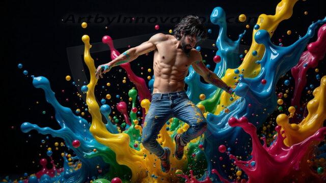 Paint Splat Fun - Hot men having fun with body paint. AI-generated abstract art featuring beautiful, handsome, sexy, shirtless, men, boys, lads, full of excitement joy and fun, covered in body paint, dynamic, interactive, Combining elements of realism with surreal abstract qualities, showcasing the potential of AI in artistic expression. Photos of guys, just smiling, happy, and having a good time. Most of them are smiling because a paint bomb just blow up next to them, so I'm calling is Abstract Art. When paint attacks and makes people happy, it's Art!