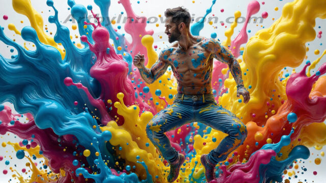 Paint Splat Fun - Hot men having fun with body paint. AI-generated abstract art featuring beautiful, handsome, sexy, shirtless, men, boys, lads, full of excitement joy and fun, covered in body paint, dynamic, interactive, Combining elements of realism with surreal abstract qualities, showcasing the potential of AI in artistic expression. Photos of guys, just smiling, happy, and having a good time. Most of them are smiling because a paint bomb just blow up next to them, so I'm calling is Abstract Art. When paint attacks and makes people happy, it's Art!
