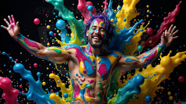 Paint Splat Fun - Hot men having fun with body paint. AI-generated abstract art featuring beautiful, handsome, sexy, shirtless, men, boys, lads, full of excitement joy and fun, covered in body paint, dynamic, interactive, Combining elements of realism with surreal abstract qualities, showcasing the potential of AI in artistic expression. Photos of guys, just smiling, happy, and having a good time. Most of them are smiling because a paint bomb just blow up next to them, so I'm calling is Abstract Art. When paint attacks and makes people happy, it's Art!