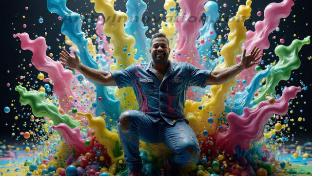 Paint Splat Fun - Hot men having fun with body paint. AI-generated abstract art featuring beautiful, handsome, sexy, shirtless, men, boys, lads, full of excitement joy and fun, covered in body paint, dynamic, interactive, Combining elements of realism with surreal abstract qualities, showcasing the potential of AI in artistic expression. Photos of guys, just smiling, happy, and having a good time. Most of them are smiling because a paint bomb just blow up next to them, so I'm calling is Abstract Art. When paint attacks and makes people happy, it's Art!