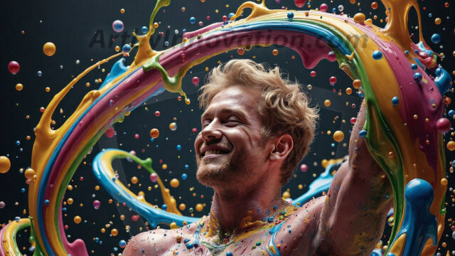 Paint Splat Fun - Hot men having fun with body paint. AI-generated abstract art featuring beautiful, handsome, sexy, shirtless, men, boys, lads, full of excitement joy and fun, covered in body paint, dynamic, interactive, Combining elements of realism with surreal abstract qualities, showcasing the potential of AI in artistic expression. Photos of guys, just smiling, happy, and having a good time. Most of them are smiling because a paint bomb just blow up next to them, so I'm calling is Abstract Art. When paint attacks and makes people happy, it's Art!