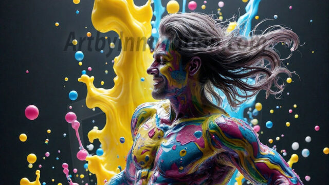 Paint Splat Fun - Hot men having fun with body paint. AI-generated abstract art featuring beautiful, handsome, sexy, shirtless, men, boys, lads, full of excitement joy and fun, covered in body paint, dynamic, interactive, Combining elements of realism with surreal abstract qualities, showcasing the potential of AI in artistic expression. Photos of guys, just smiling, happy, and having a good time. Most of them are smiling because a paint bomb just blow up next to them, so I'm calling is Abstract Art. When paint attacks and makes people happy, it's Art!
