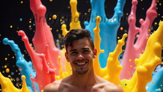 Paint Splat Fun - Hot men having fun with body paint. AI-generated abstract art featuring beautiful, handsome, sexy, shirtless, men, boys, lads, full of excitement joy and fun, covered in body paint, dynamic, interactive, Combining elements of realism with surreal abstract qualities, showcasing the potential of AI in artistic expression. Photos of guys, just smiling, happy, and having a good time. Most of them are smiling because a paint bomb just blow up next to them, so I'm calling is Abstract Art. When paint attacks and makes people happy, it's Art!