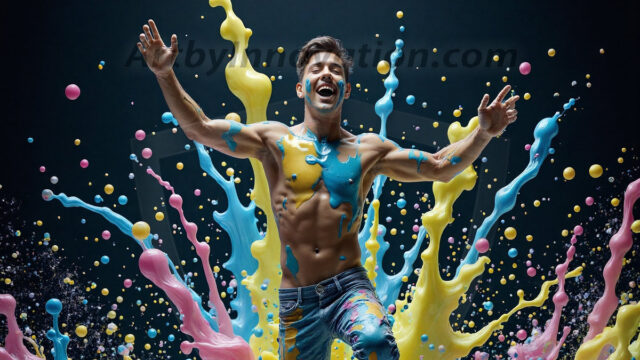 Paint Splat Fun - Hot men having fun with body paint. AI-generated abstract art featuring beautiful, handsome, sexy, shirtless, men, boys, lads, full of excitement joy and fun, covered in body paint, dynamic, interactive, Combining elements of realism with surreal abstract qualities, showcasing the potential of AI in artistic expression. Photos of guys, just smiling, happy, and having a good time. Most of them are smiling because a paint bomb just blow up next to them, so I'm calling is Abstract Art. When paint attacks and makes people happy, it's Art!