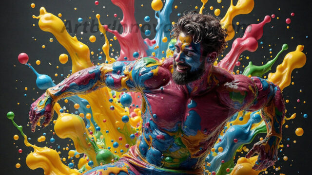 Paint Splat Fun - Hot men having fun with body paint. AI-generated abstract art featuring beautiful, handsome, sexy, shirtless, men, boys, lads, full of excitement joy and fun, covered in body paint, dynamic, interactive, Combining elements of realism with surreal abstract qualities, showcasing the potential of AI in artistic expression. Photos of guys, just smiling, happy, and having a good time. Most of them are smiling because a paint bomb just blow up next to them, so I'm calling is Abstract Art. When paint attacks and makes people happy, it's Art!