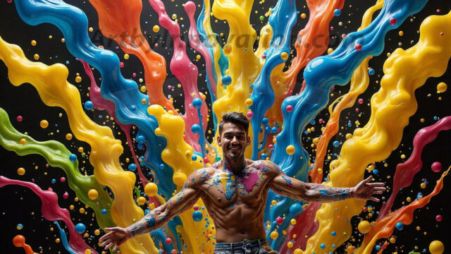 Paint Splat Fun - Hot men having fun with body paint. AI-generated abstract art featuring beautiful, handsome, sexy, shirtless, men, boys, lads, full of excitement joy and fun, covered in body paint, dynamic, interactive, Combining elements of realism with surreal abstract qualities, showcasing the potential of AI in artistic expression. Photos of guys, just smiling, happy, and having a good time. Most of them are smiling because a paint bomb just blow up next to them, so I'm calling is Abstract Art. When paint attacks and makes people happy, it's Art!
