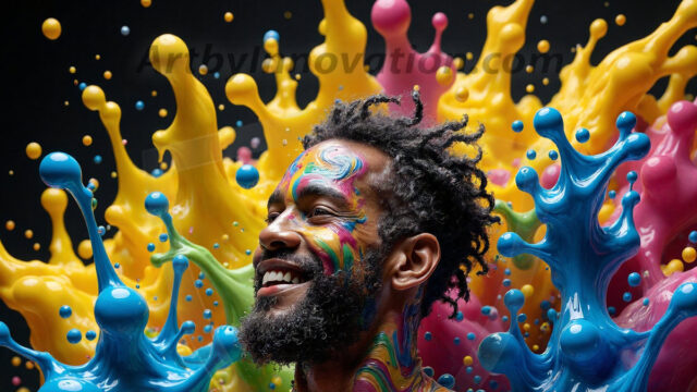 Paint Splat Fun - Hot men having fun with body paint. AI-generated abstract art featuring beautiful, handsome, sexy, shirtless, men, boys, lads, full of excitement joy and fun, covered in body paint, dynamic, interactive, Combining elements of realism with surreal abstract qualities, showcasing the potential of AI in artistic expression. Photos of guys, just smiling, happy, and having a good time. Most of them are smiling because a paint bomb just blow up next to them, so I'm calling is Abstract Art. When paint attacks and makes people happy, it's Art!
