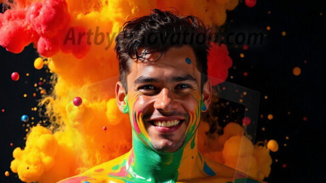 Paint Splat Fun - Hot men having fun with body paint. AI-generated abstract art featuring beautiful, handsome, sexy, shirtless, men, boys, lads, full of excitement joy and fun, covered in body paint, dynamic, interactive, Combining elements of realism with surreal abstract qualities, showcasing the potential of AI in artistic expression. Photos of guys, just smiling, happy, and having a good time. Most of them are smiling because a paint bomb just blow up next to them, so I'm calling is Abstract Art. When paint attacks and makes people happy, it's Art!