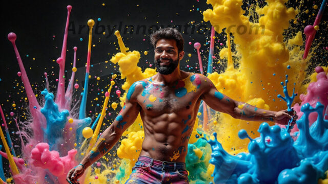 Paint Splat Fun - Hot men having fun with body paint. AI-generated abstract art featuring beautiful, handsome, sexy, shirtless, men, boys, lads, full of excitement joy and fun, covered in body paint, dynamic, interactive, Combining elements of realism with surreal abstract qualities, showcasing the potential of AI in artistic expression. Photos of guys, just smiling, happy, and having a good time. Most of them are smiling because a paint bomb just blow up next to them, so I'm calling is Abstract Art. When paint attacks and makes people happy, it's Art!