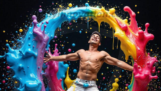 Paint Splat Fun - Hot men having fun with body paint. AI-generated abstract art featuring beautiful, handsome, sexy, shirtless, men, boys, lads, full of excitement joy and fun, covered in body paint, dynamic, interactive, Combining elements of realism with surreal abstract qualities, showcasing the potential of AI in artistic expression. Photos of guys, just smiling, happy, and having a good time. Most of them are smiling because a paint bomb just blow up next to them, so I'm calling is Abstract Art. When paint attacks and makes people happy, it's Art!