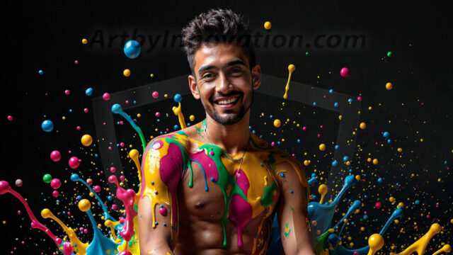 Paint Splat Fun - Hot men having fun with body paint. AI-generated abstract art featuring beautiful, handsome, sexy, shirtless, men, boys, lads, full of excitement joy and fun, covered in body paint, dynamic, interactive, Combining elements of realism with surreal abstract qualities, showcasing the potential of AI in artistic expression. Photos of guys, just smiling, happy, and having a good time. Most of them are smiling because a paint bomb just blow up next to them, so I'm calling is Abstract Art. When paint attacks and makes people happy, it's Art!