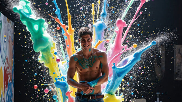 Paint Splat Fun - Hot men having fun with body paint. AI-generated abstract art featuring beautiful, handsome, sexy, shirtless, men, boys, lads, full of excitement joy and fun, covered in body paint, dynamic, interactive, Combining elements of realism with surreal abstract qualities, showcasing the potential of AI in artistic expression. Photos of guys, just smiling, happy, and having a good time. Most of them are smiling because a paint bomb just blow up next to them, so I'm calling is Abstract Art. When paint attacks and makes people happy, it's Art!