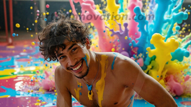 Paint Splat Fun - Hot men having fun with body paint. AI-generated abstract art featuring beautiful, handsome, sexy, shirtless, men, boys, lads, full of excitement joy and fun, covered in body paint, dynamic, interactive, Combining elements of realism with surreal abstract qualities, showcasing the potential of AI in artistic expression. Photos of guys, just smiling, happy, and having a good time. Most of them are smiling because a paint bomb just blow up next to them, so I'm calling is Abstract Art. When paint attacks and makes people happy, it's Art!