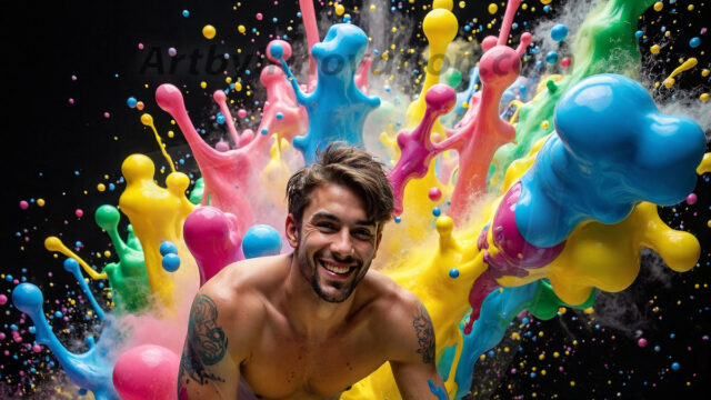 Paint Splat Fun - Hot men having fun with body paint. AI-generated abstract art featuring beautiful, handsome, sexy, shirtless, men, boys, lads, full of excitement joy and fun, covered in body paint, dynamic, interactive, Combining elements of realism with surreal abstract qualities, showcasing the potential of AI in artistic expression. Photos of guys, just smiling, happy, and having a good time. Most of them are smiling because a paint bomb just blow up next to them, so I'm calling is Abstract Art. When paint attacks and makes people happy, it's Art!