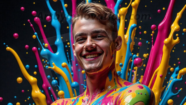 Paint Splat Fun - Hot men having fun with body paint. AI-generated abstract art featuring beautiful, handsome, sexy, shirtless, men, boys, lads, full of excitement joy and fun, covered in body paint, dynamic, interactive, Combining elements of realism with surreal abstract qualities, showcasing the potential of AI in artistic expression. Photos of guys, just smiling, happy, and having a good time. Most of them are smiling because a paint bomb just blow up next to them, so I'm calling is Abstract Art. When paint attacks and makes people happy, it's Art!
