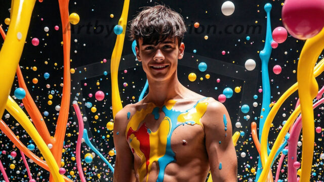 Paint Splat Fun - Hot men having fun with body paint. AI-generated abstract art featuring beautiful, handsome, sexy, shirtless, men, boys, lads, full of excitement joy and fun, covered in body paint, dynamic, interactive, Combining elements of realism with surreal abstract qualities, showcasing the potential of AI in artistic expression. Photos of guys, just smiling, happy, and having a good time. Most of them are smiling because a paint bomb just blow up next to them, so I'm calling is Abstract Art. When paint attacks and makes people happy, it's Art!
