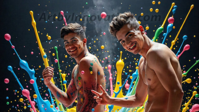 Paint Splat Fun - Hot men having fun with body paint. AI-generated abstract art featuring beautiful, handsome, sexy, shirtless, men, boys, lads, full of excitement joy and fun, covered in body paint, dynamic, interactive, Combining elements of realism with surreal abstract qualities, showcasing the potential of AI in artistic expression. Photos of guys, just smiling, happy, and having a good time. Most of them are smiling because a paint bomb just blow up next to them, so I'm calling is Abstract Art. When paint attacks and makes people happy, it's Art!
