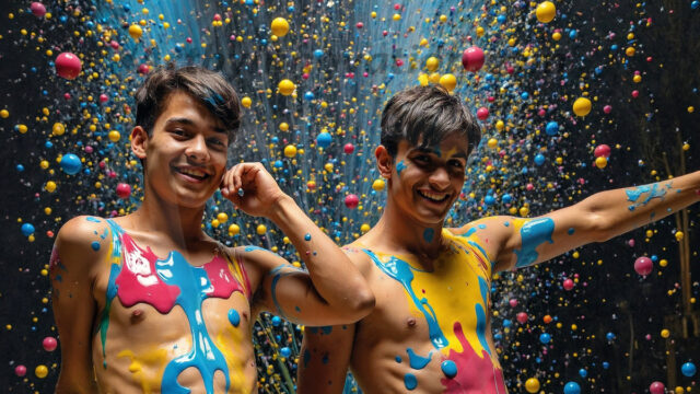 Paint Splat Fun - Hot men having fun with body paint. AI-generated abstract art featuring beautiful, handsome, sexy, shirtless, men, boys, lads, full of excitement joy and fun, covered in body paint, dynamic, interactive, Combining elements of realism with surreal abstract qualities, showcasing the potential of AI in artistic expression. Photos of guys, just smiling, happy, and having a good time. Most of them are smiling because a paint bomb just blow up next to them, so I'm calling is Abstract Art. When paint attacks and makes people happy, it's Art!