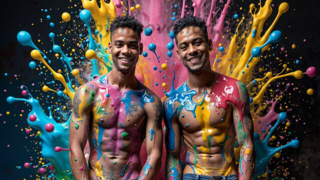 Paint Splat Fun - Hot men having fun with body paint. AI-generated abstract art featuring beautiful, handsome, sexy, shirtless, men, boys, lads, full of excitement joy and fun, covered in body paint, dynamic, interactive, Combining elements of realism with surreal abstract qualities, showcasing the potential of AI in artistic expression. Photos of guys, just smiling, happy, and having a good time. Most of them are smiling because a paint bomb just blow up next to them, so I'm calling is Abstract Art. When paint attacks and makes people happy, it's Art!
