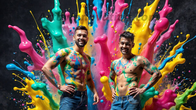 Paint Splat Fun - Hot men having fun with body paint. AI-generated abstract art featuring beautiful, handsome, sexy, shirtless, men, boys, lads, full of excitement joy and fun, covered in body paint, dynamic, interactive, Combining elements of realism with surreal abstract qualities, showcasing the potential of AI in artistic expression. Photos of guys, just smiling, happy, and having a good time. Most of them are smiling because a paint bomb just blow up next to them, so I'm calling is Abstract Art. When paint attacks and makes people happy, it's Art!