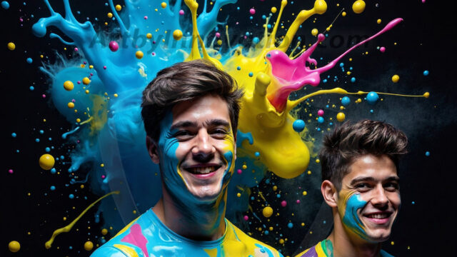 Paint Splat Fun - Hot men having fun with body paint. AI-generated abstract art featuring beautiful, handsome, sexy, shirtless, men, boys, lads, full of excitement joy and fun, covered in body paint, dynamic, interactive, Combining elements of realism with surreal abstract qualities, showcasing the potential of AI in artistic expression. Photos of guys, just smiling, happy, and having a good time. Most of them are smiling because a paint bomb just blow up next to them, so I'm calling is Abstract Art. When paint attacks and makes people happy, it's Art!